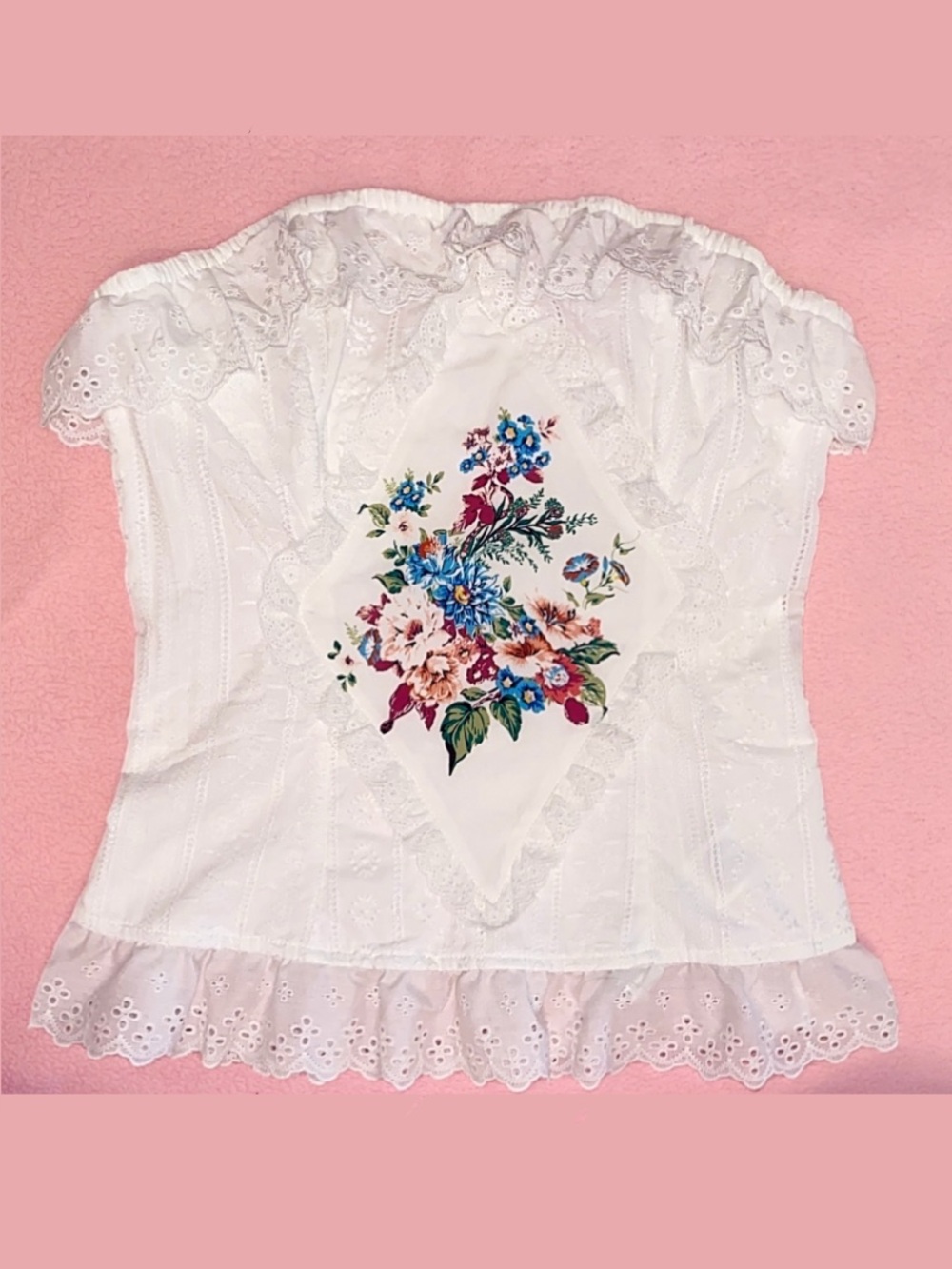 White Floral Embroidered Peplum Ruffle Trim Stretch Corset Top Large 8 10 Girly